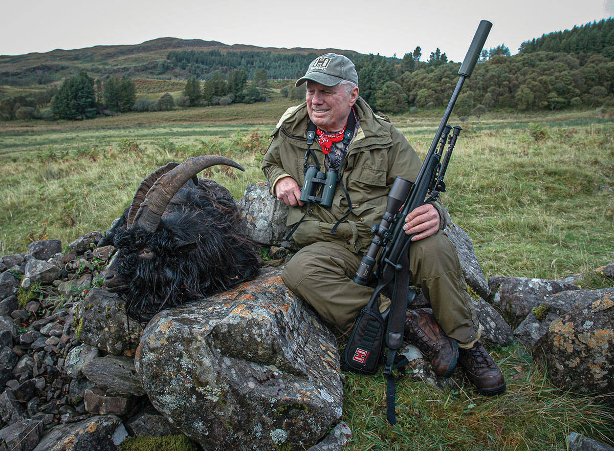 The scenic heather-covered hills of northern Scotland have excellent populations of red stags and feral goats. This goat was the very first game animal taken by Layne with a suppressed rifle. The rifle and the Hornady ammunition loaded with the 150-grain SST bullet belonged to his guide.